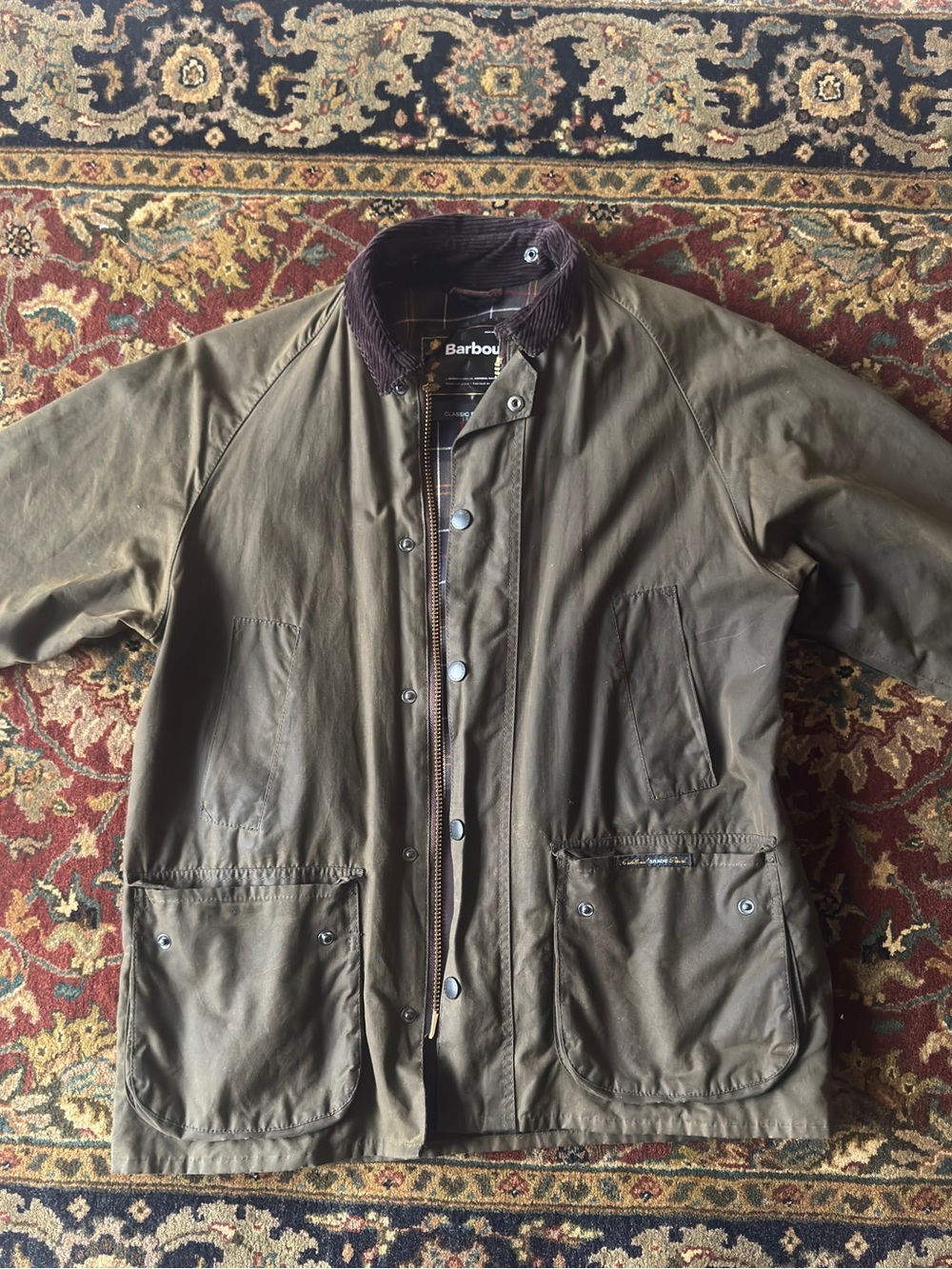 Barbour Olive Green Waxed Cotton Field Jacket with Brown Corduroy Collar